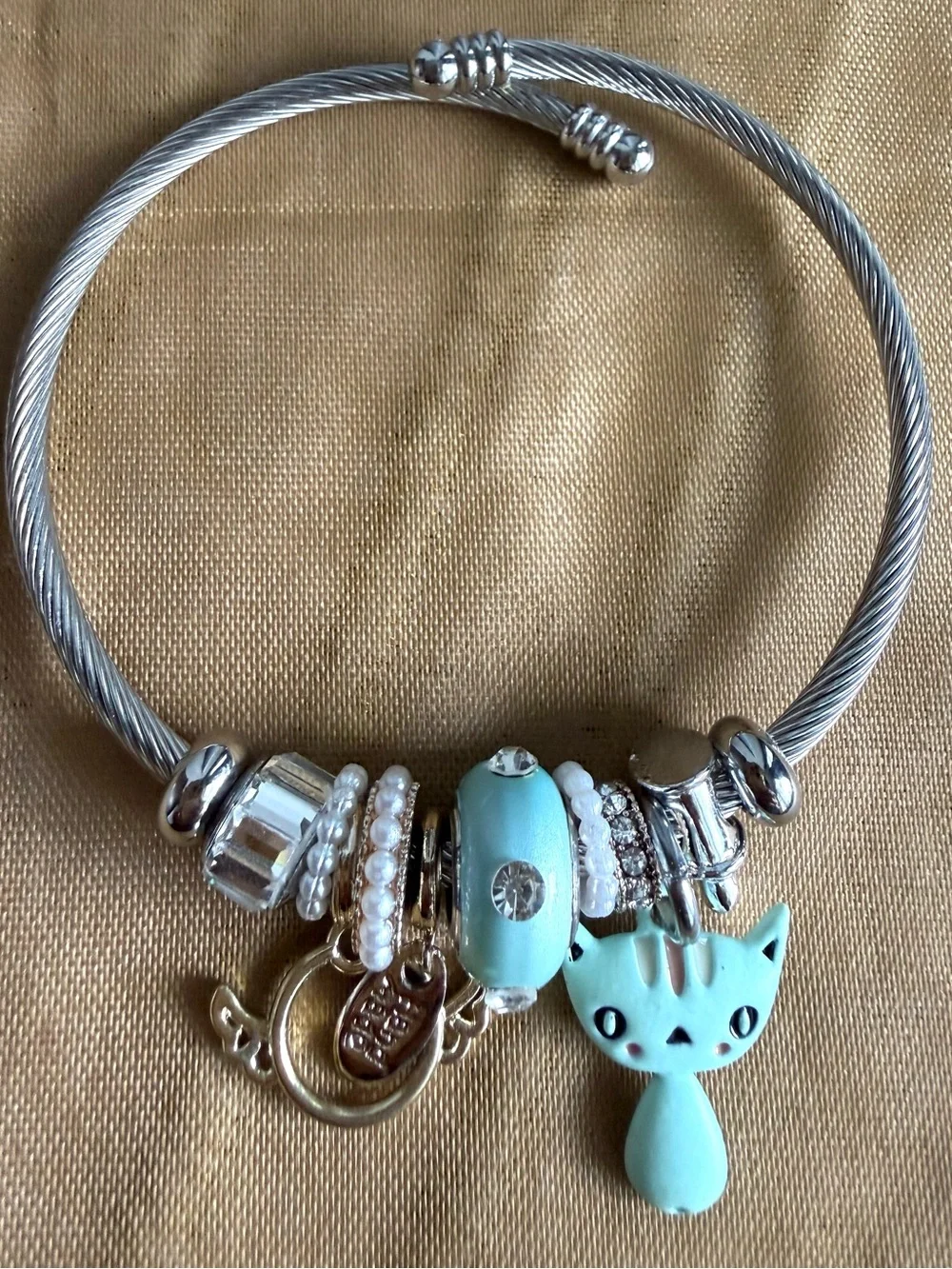 Silver Cat Charm Bracelet with Mint Blue Enamel Cat Charm
